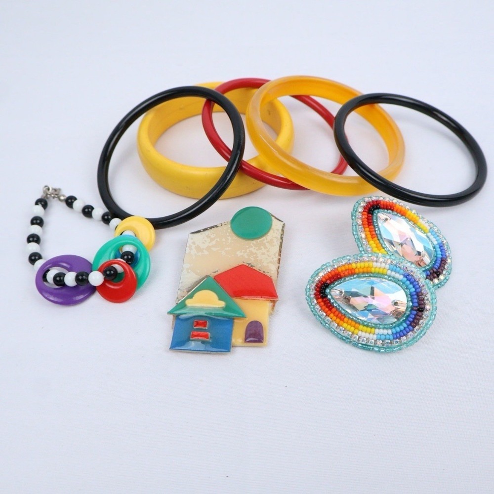 Vintage Jewelry 1980s Primary Color Fun Bright (12) Beads Bangles Brooch - Picture 2 of 5